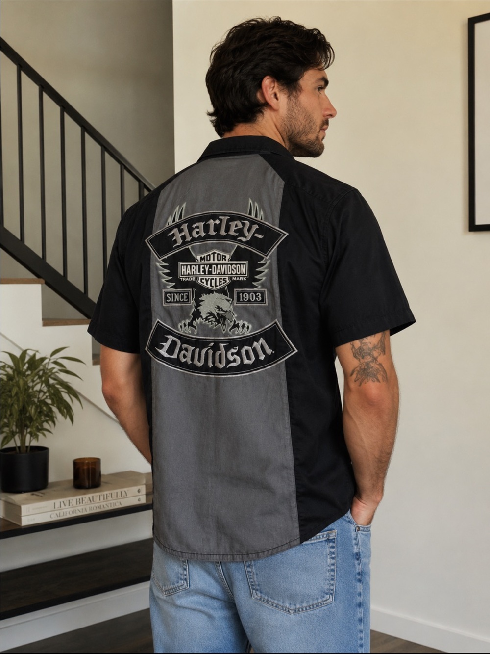Harley-Davidson Black and Gray Short-Sleeve Button Front Shirt